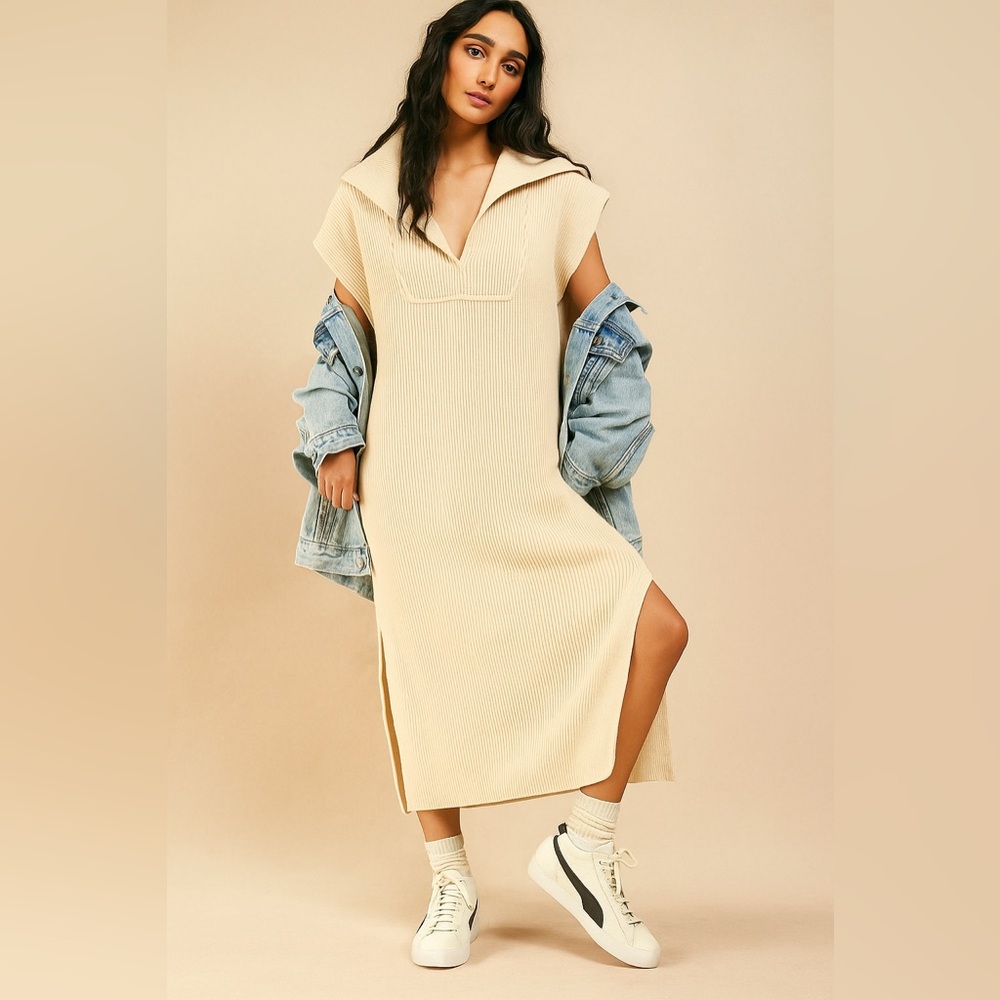 Free People Beach Ryan Ribbed Knit Midi Dress Slit Hem Relaxed Ivory Size XS